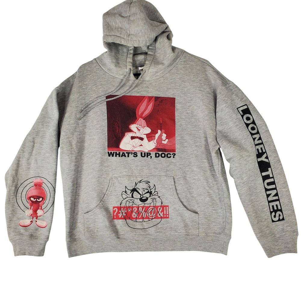 Looney Tunes Bugs Bunny Marvin the Martian Grey Graphic Hoodie Sweatshirt M